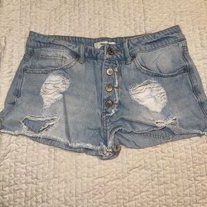 Forever 21 Light Blue Distressed Denim Button-Front Shorts